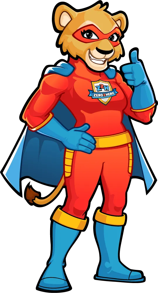 The Zero2Hero lioness mascot alone