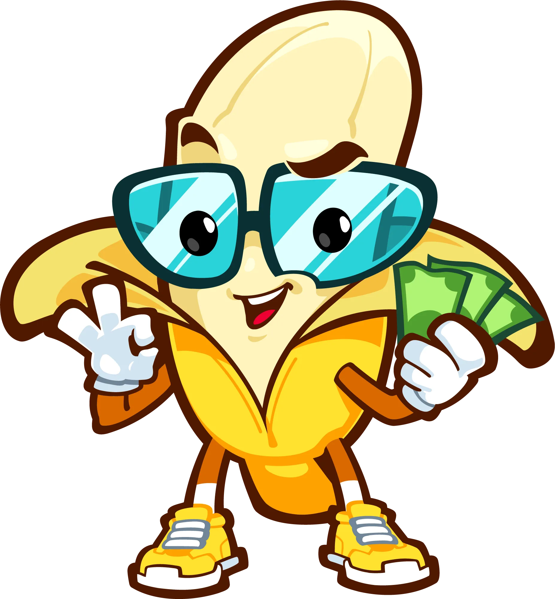 Banana Budget mascot, a peeled banana in sunglasses holding cash