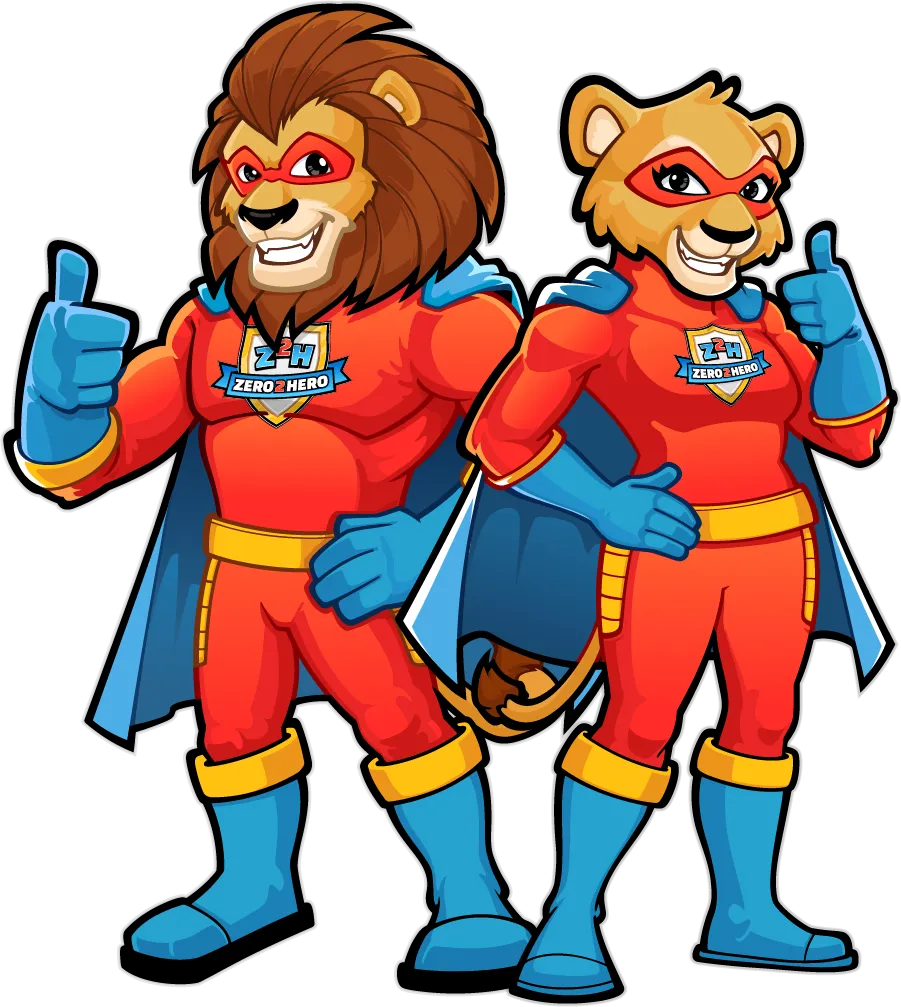 The Zero2Hero lion and lioness mascots standing back to back in hero costumes