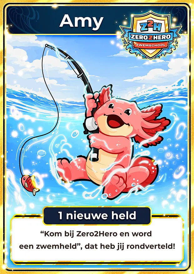 Amy reward card: a pink axolotl water-skiing behind a fishing rod