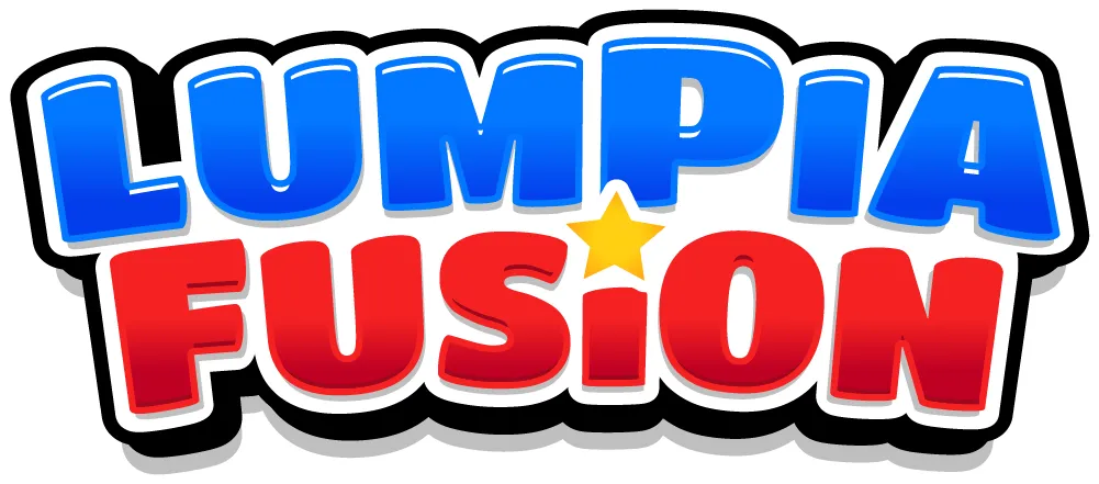 Lumpia Fusion wordmark in blue and red with a gold star